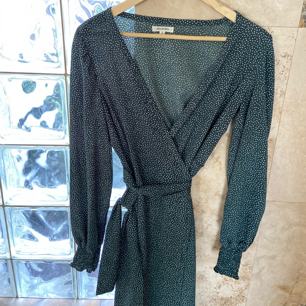 Chic Forest Green Polka Dot Wrap Long Sleeve Midi Dress